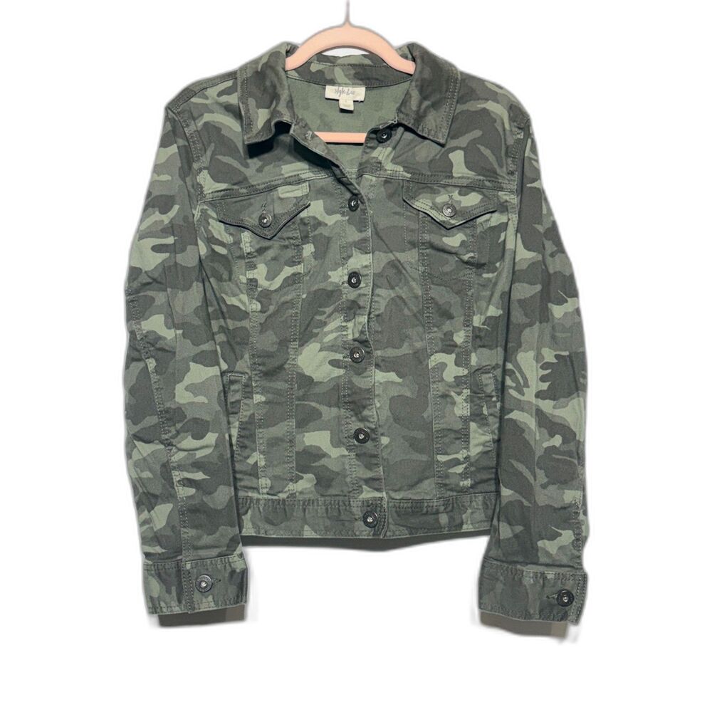 Style & Co. Camo Denim Trucker Jacket Green Camouflage Women's Size Large EUC